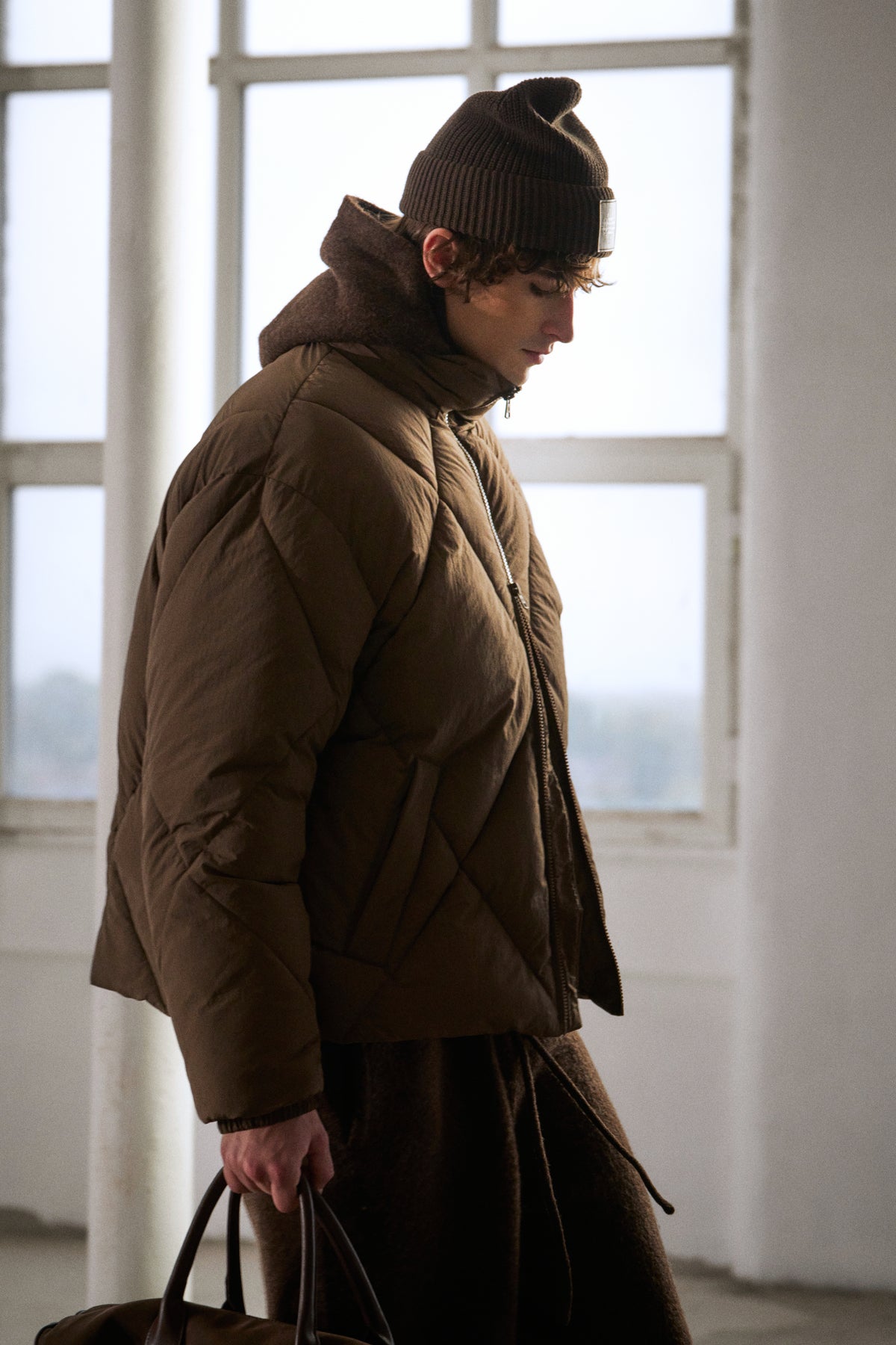 DIAMOND QUILTED PUFFER COAT - BROWN