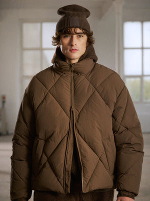 DIAMOND QUILTED PUFFER COAT - BROWN