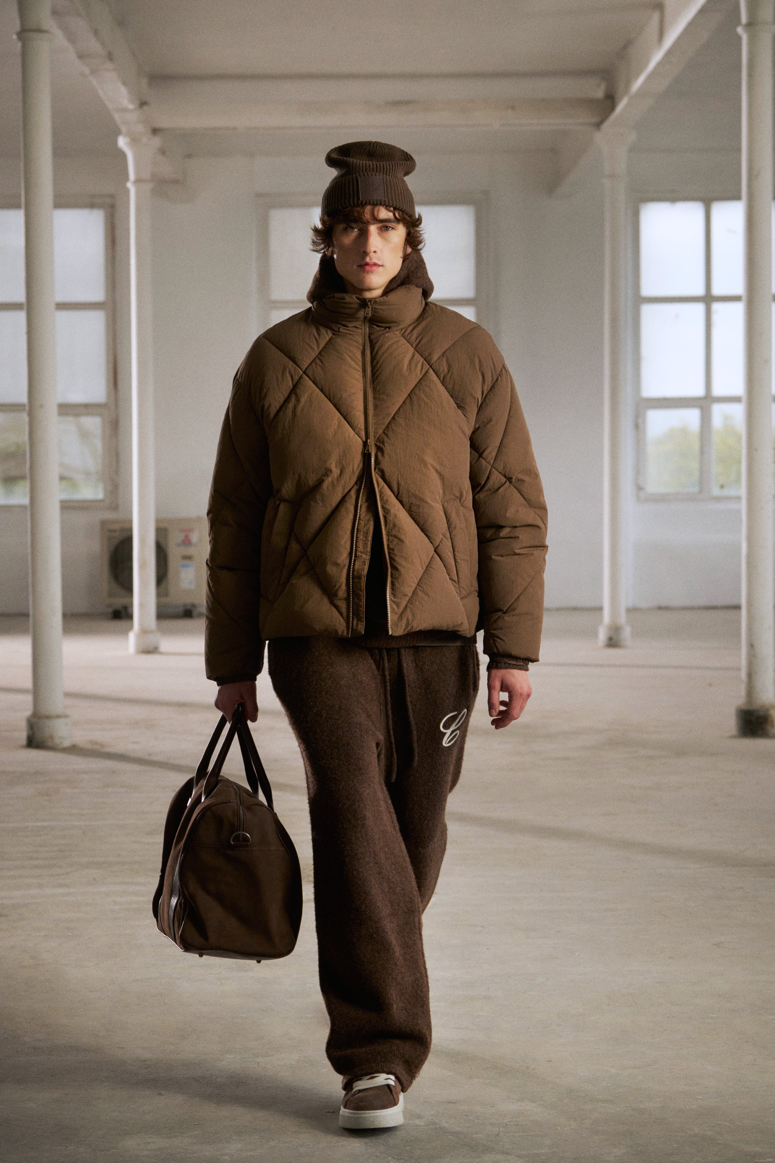 DIAMOND QUILTED PUFFER COAT - BROWN