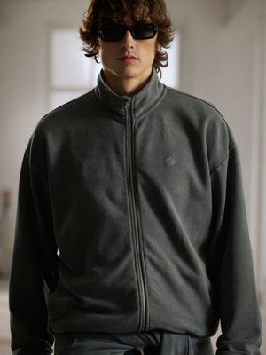 HEAVYWEIGHT WASHED RIBBED ZIP THROUGH FUNNEL NECK - GREY