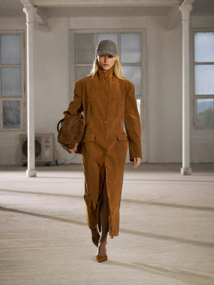 FAUX SUEDE CINCHED WAIST TAILORED COAT - BROWN