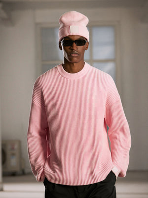 HEAVY WASHED RIBBED KNIT CREW - PINK