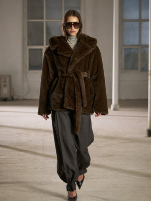 BELTED FAUX FUR HOODED COAT - CHOCOLATE