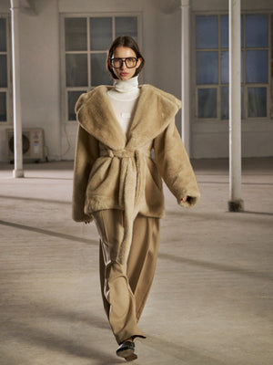 BELTED FAUX FUR HOODED COAT - BEIGE