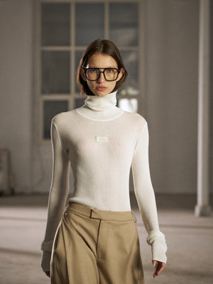 RIBBED ROLL NECK TOP - BONE