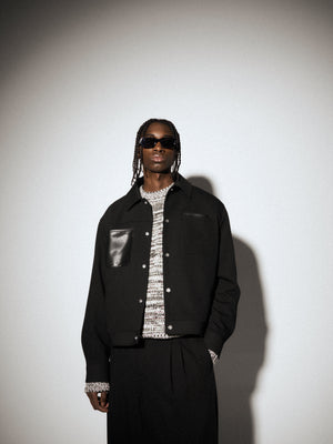 FAUX LEATHER POCKET TAILORED JACKET - BLACK