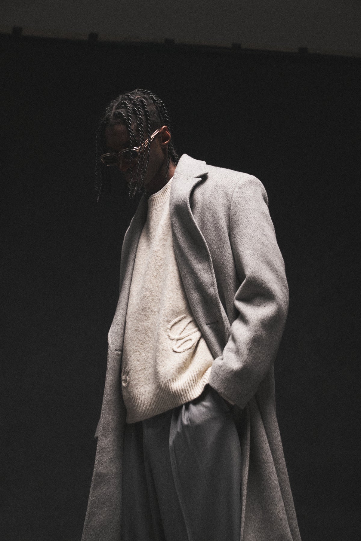 HERRINGBONE WOOL LONGLINE DUSTER COAT - GREY