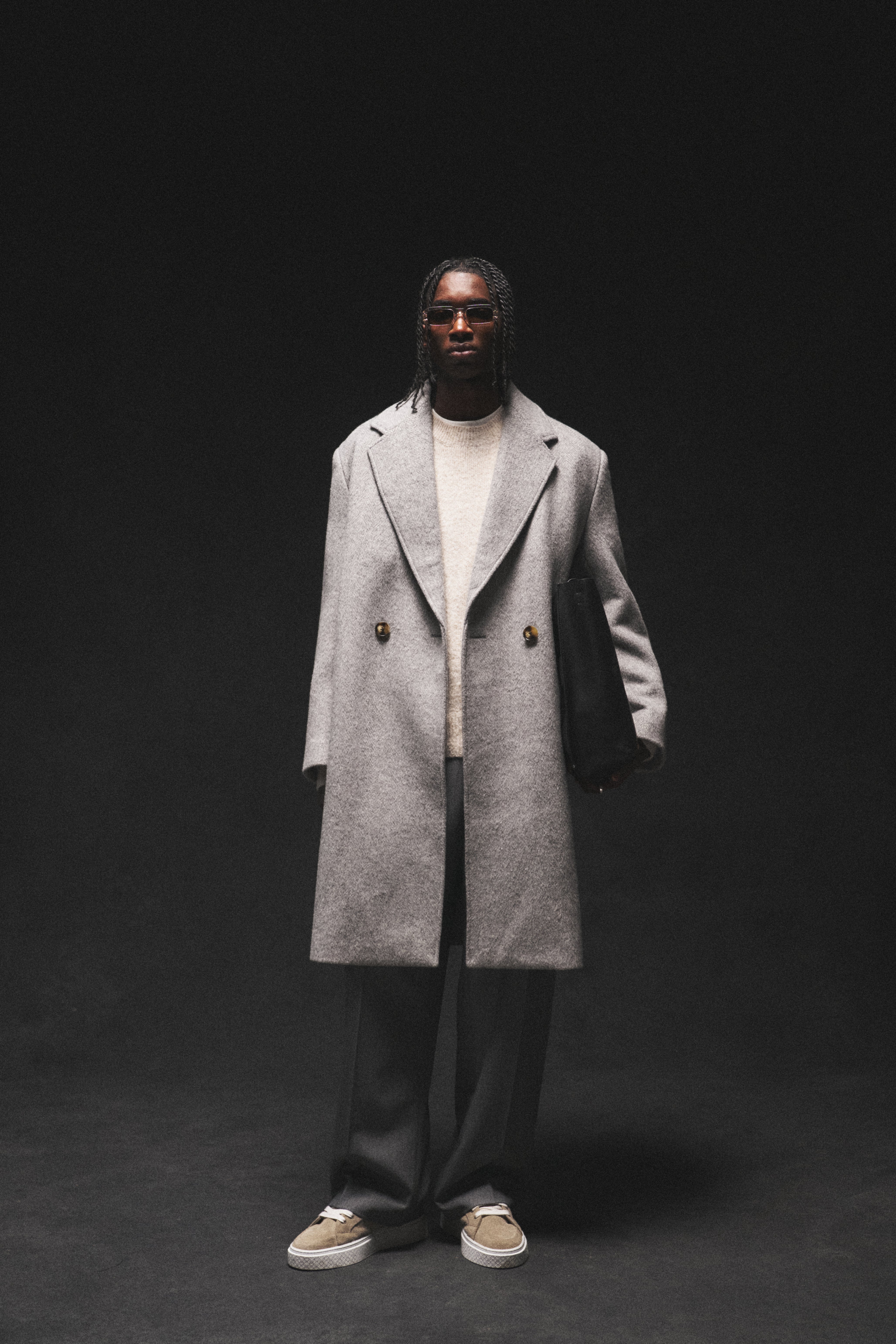 HERRINGBONE WOOL LONGLINE DUSTER COAT - GREY