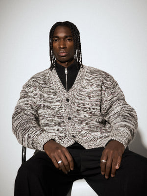 MIXED YARN KNITTED CARDIGAN - WHITE/KHAKI