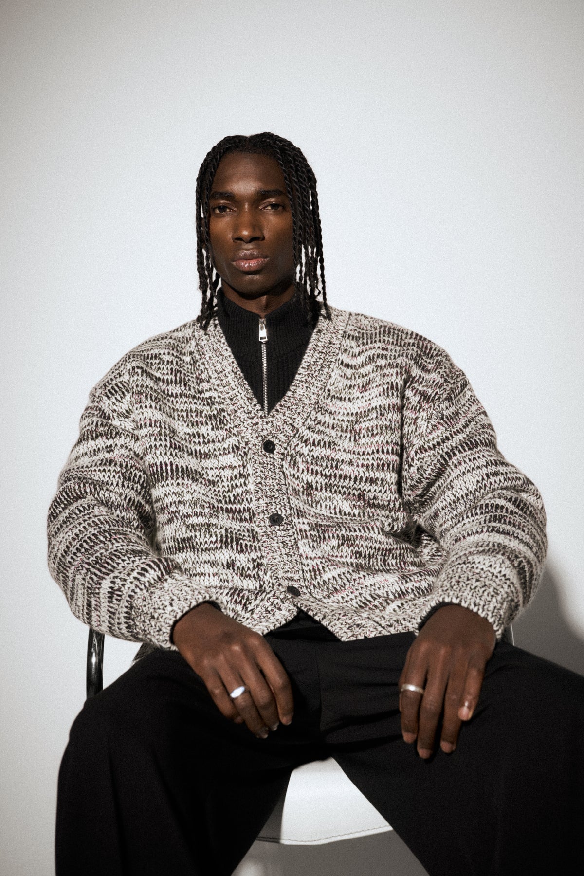 MIXED YARN KNITTED CARDIGAN - WHITE/KHAKI