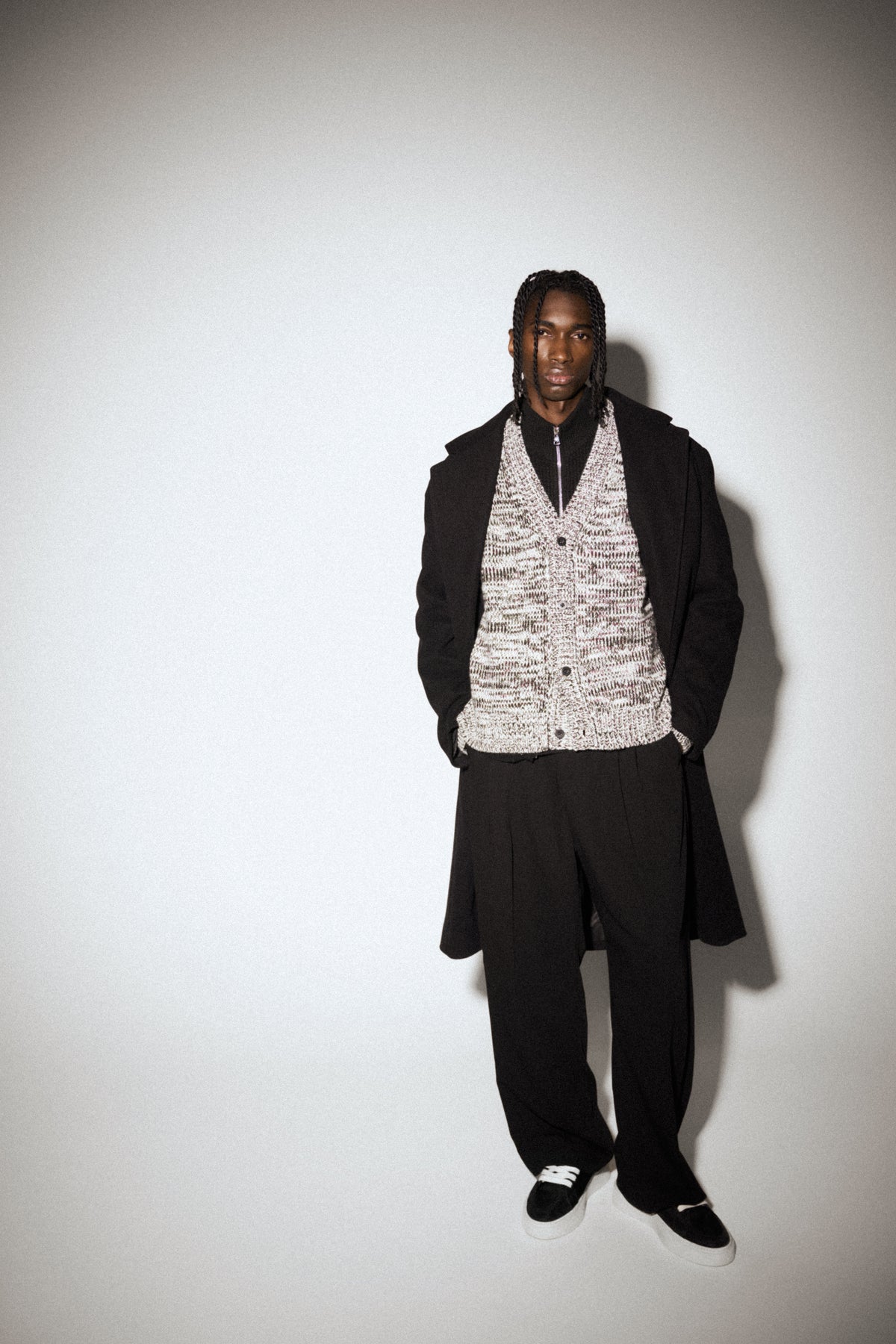 MIXED YARN KNITTED CARDIGAN - WHITE/KHAKI