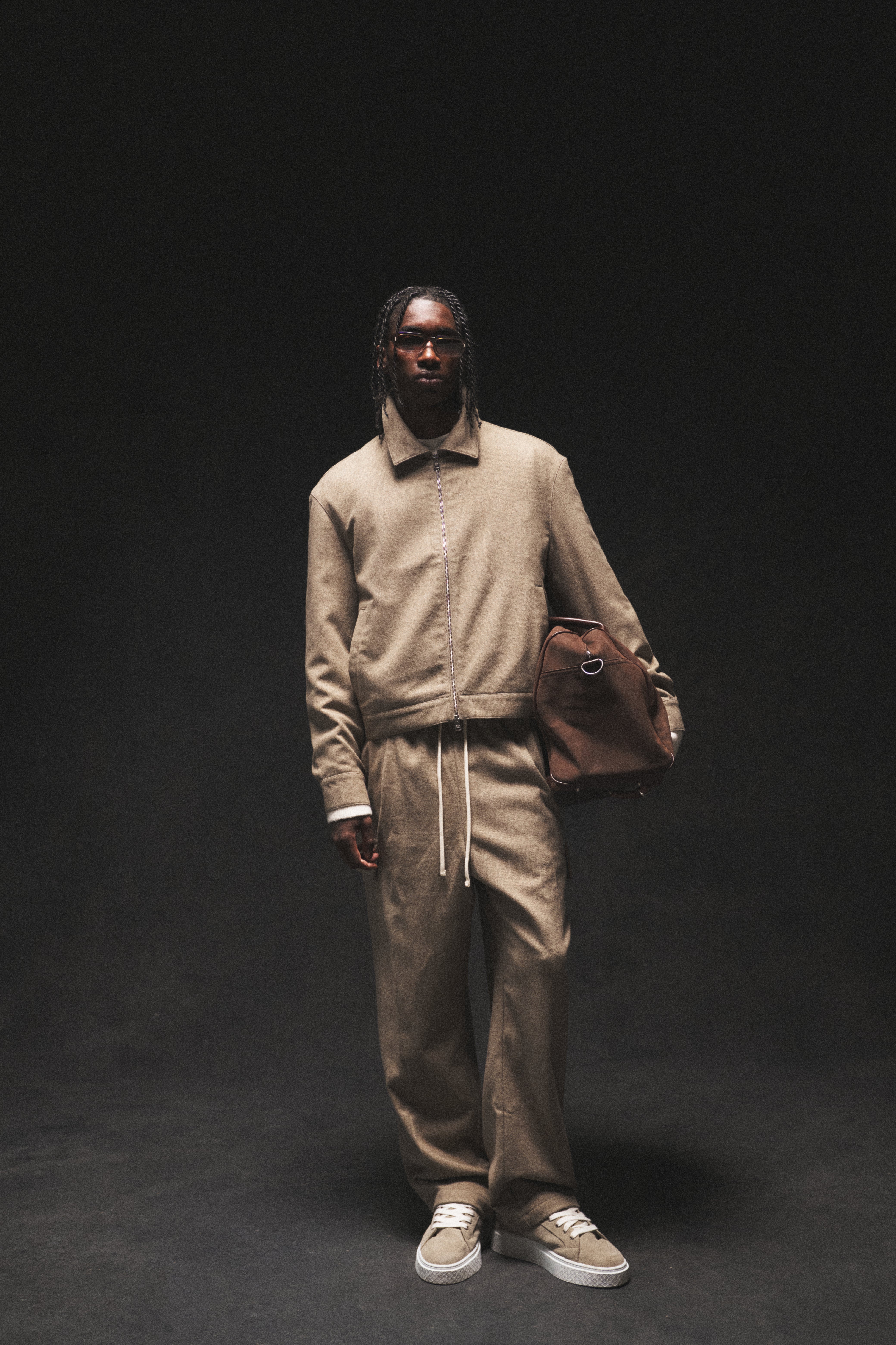 WIDE LEG HERRINGBONE TROUSERS - BEIGE