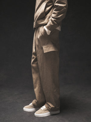 WIDE LEG HERRINGBONE TROUSERS - BEIGE