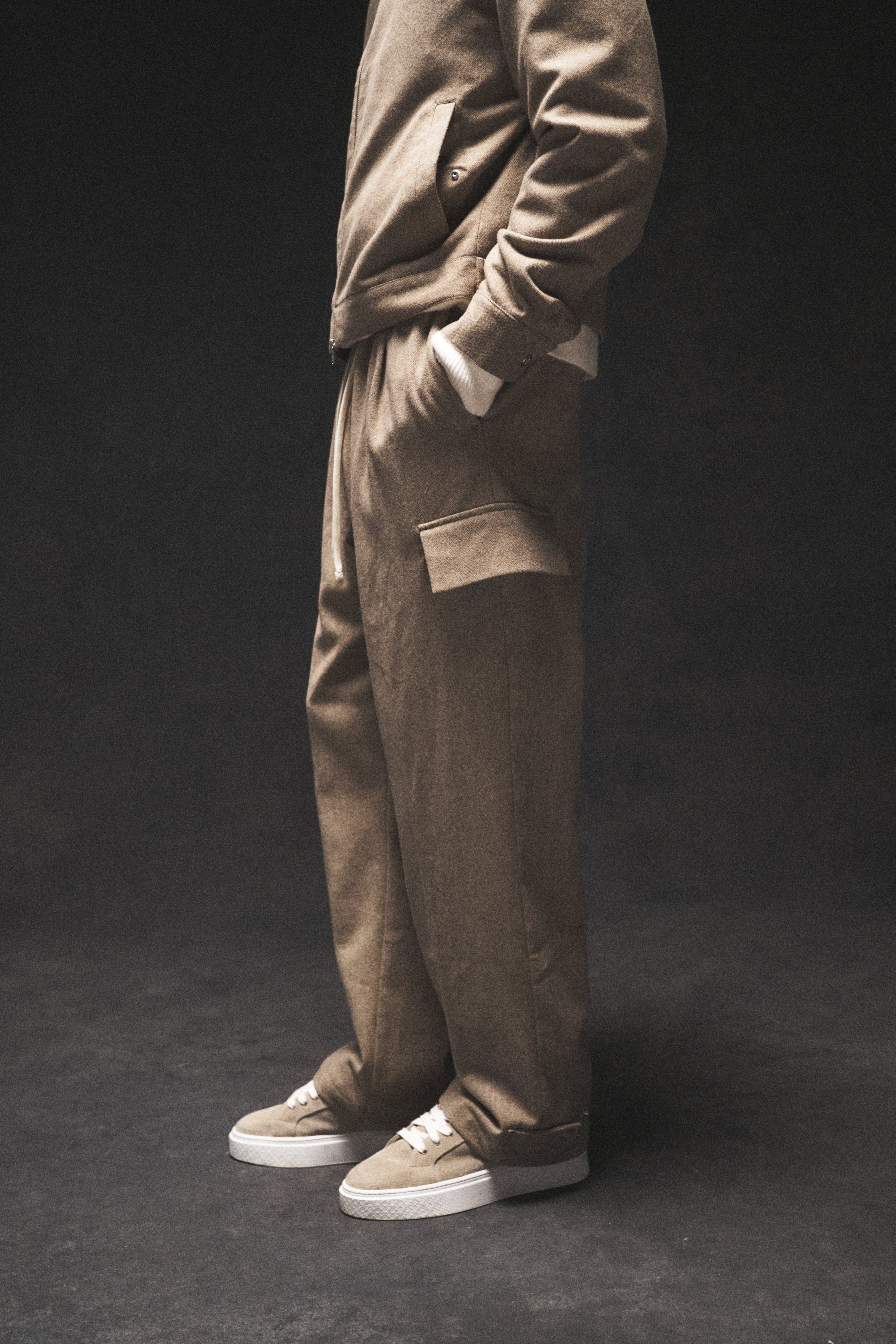 WIDE LEG HERRINGBONE TROUSERS - BEIGE
