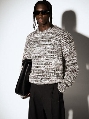 MIXED YARN KNITTED CREW - WHITE/KHAKI