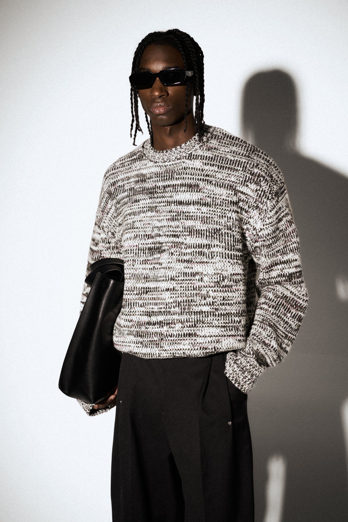 MIXED YARN KNITTED CREW - WHITE/KHAKI