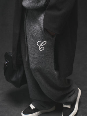 CHAINSTITCH EMBROIDERY KNITTED BARREL LEG JOGGERS - CHARCOAL