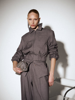 TAILORED SHOULDER PADDED BOMBER JACKET - GREY