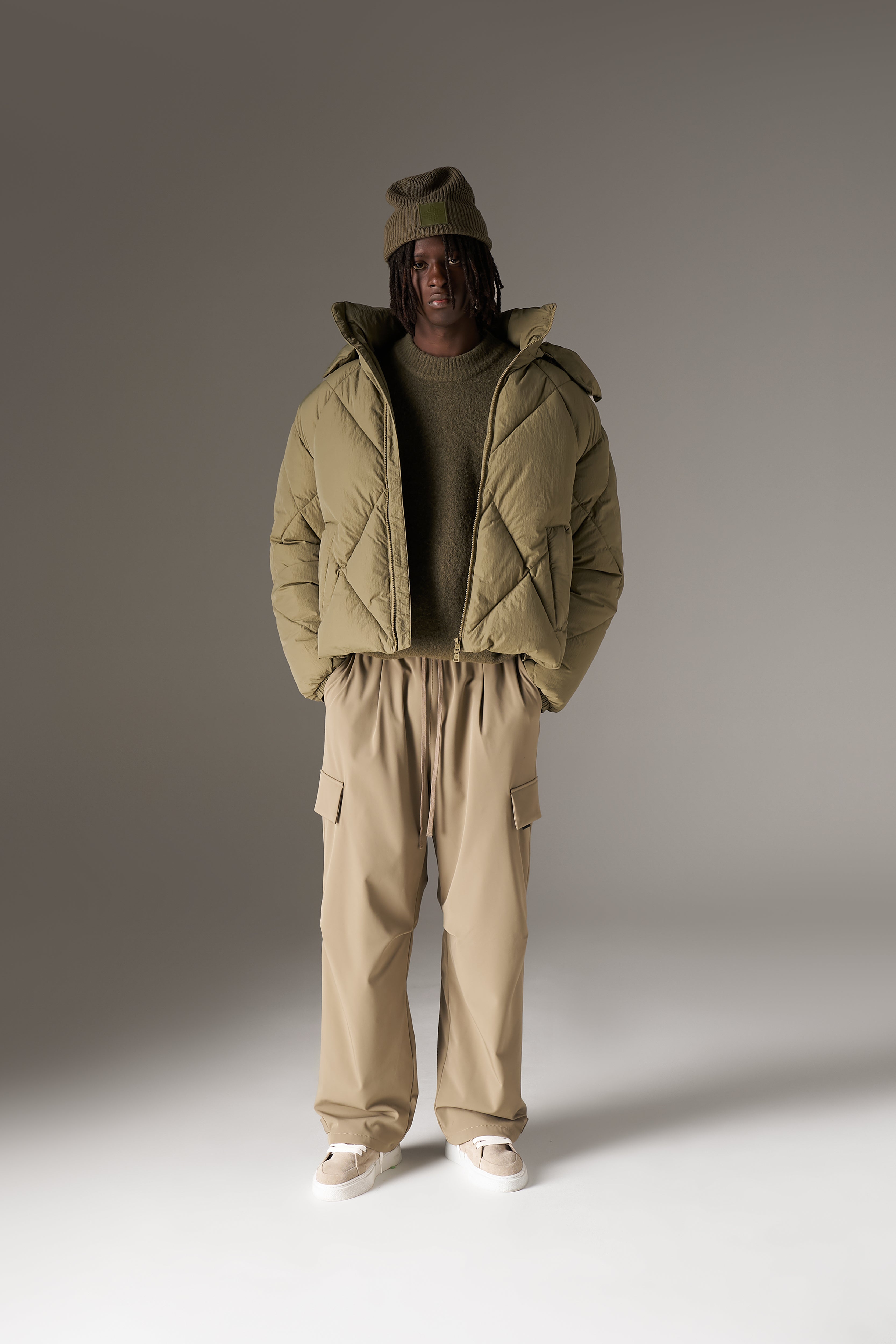 DIAMOND QUILTED PUFFER COAT - KHAKI
