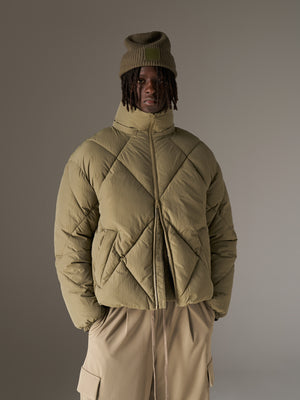 DIAMOND QUILTED PUFFER COAT - KHAKI