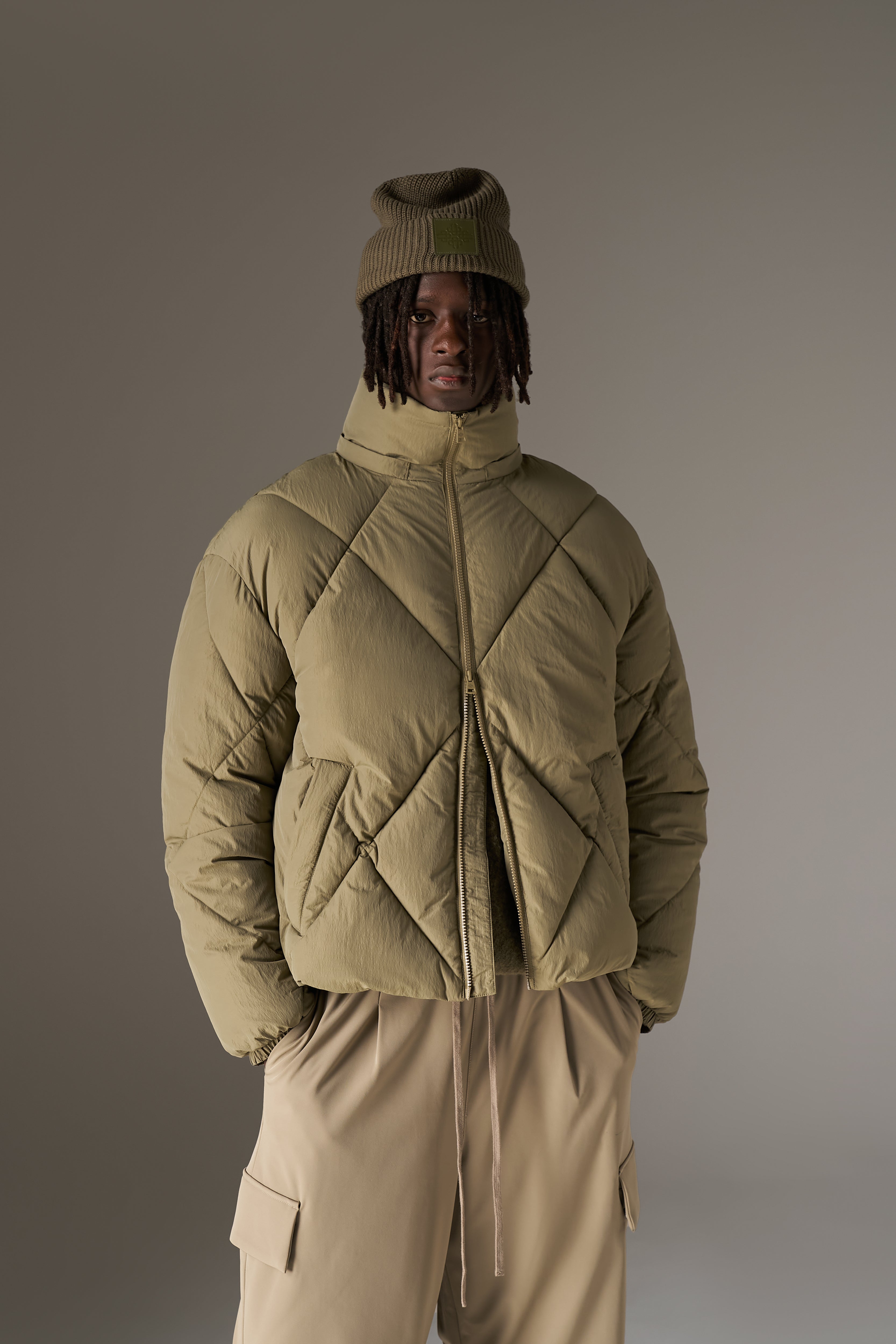 DIAMOND QUILTED PUFFER COAT - KHAKI