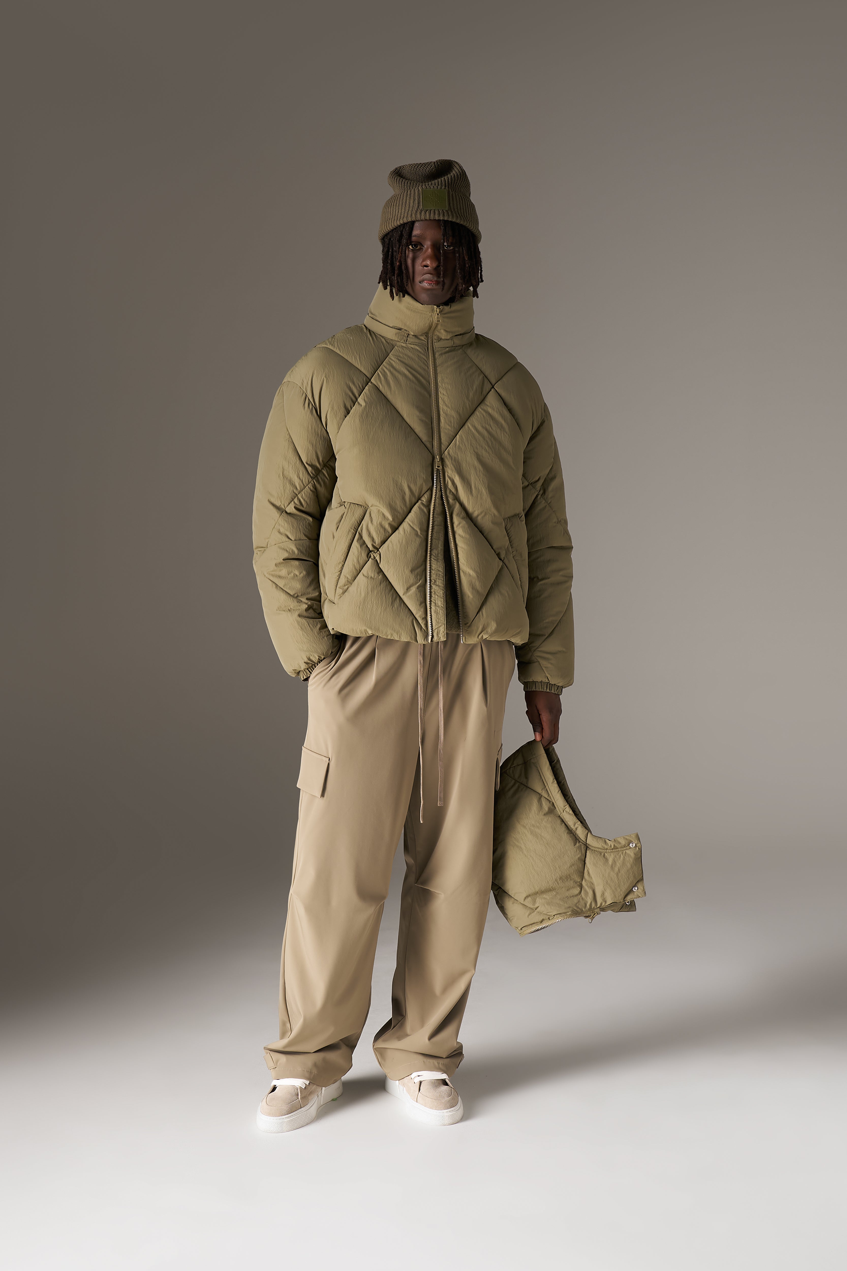 DIAMOND QUILTED PUFFER COAT - KHAKI