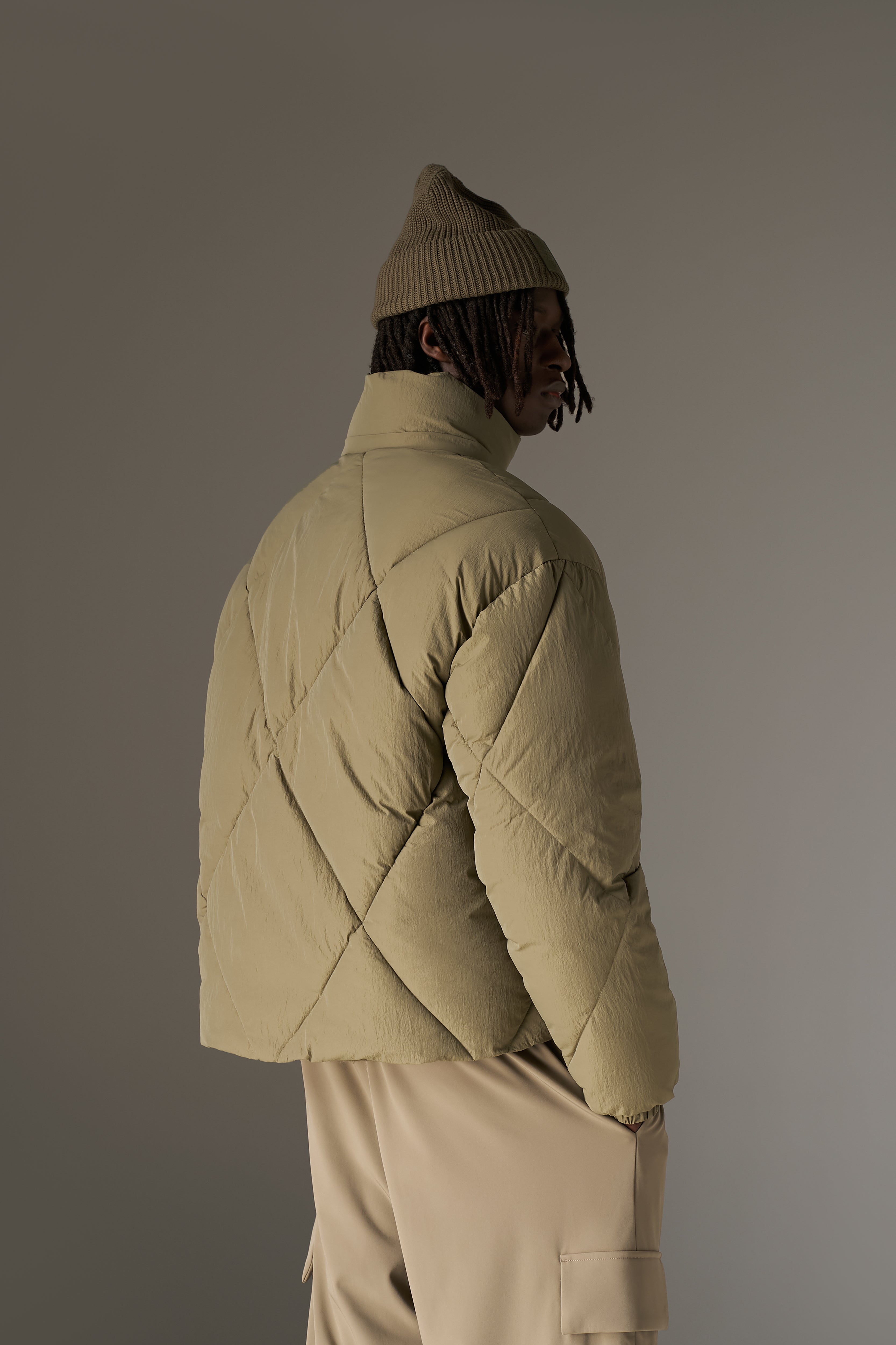 DIAMOND QUILTED PUFFER COAT - KHAKI