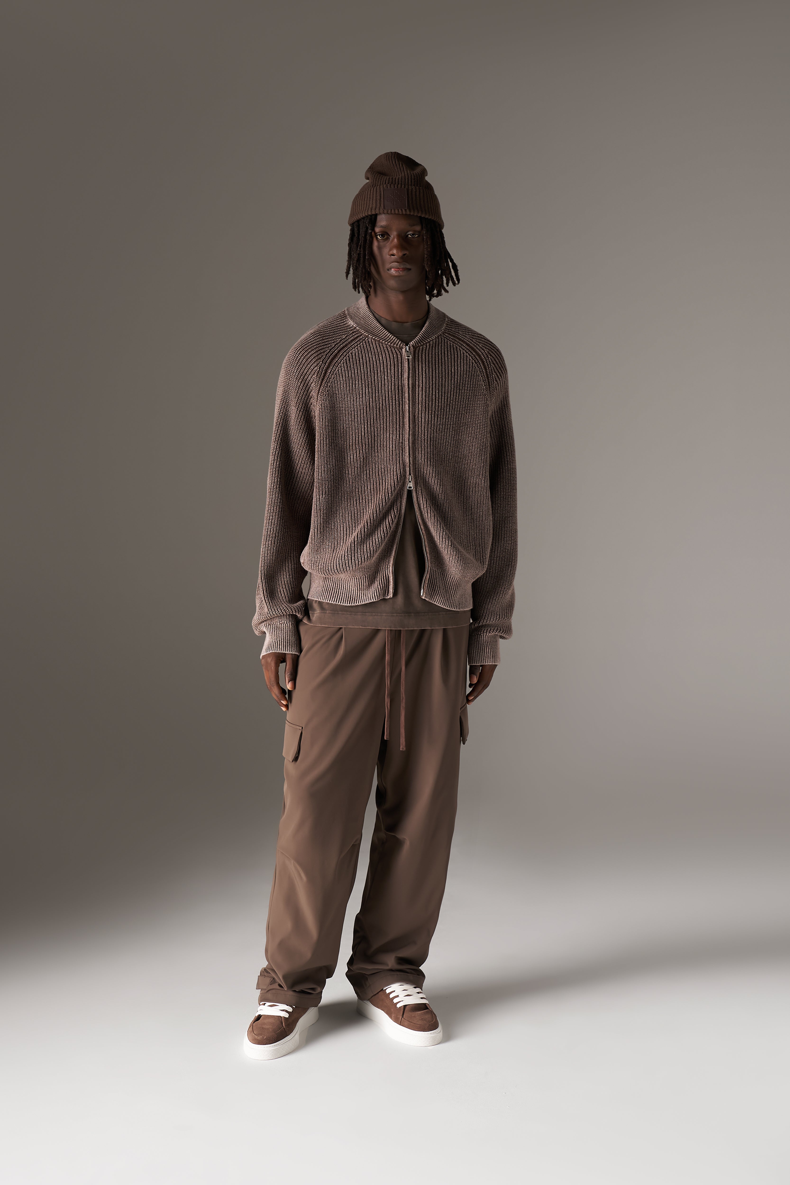HEAVY WASHED RIB KNIT BOMBER - BROWN