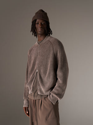 HEAVY WASHED RIB KNIT BOMBER - BROWN