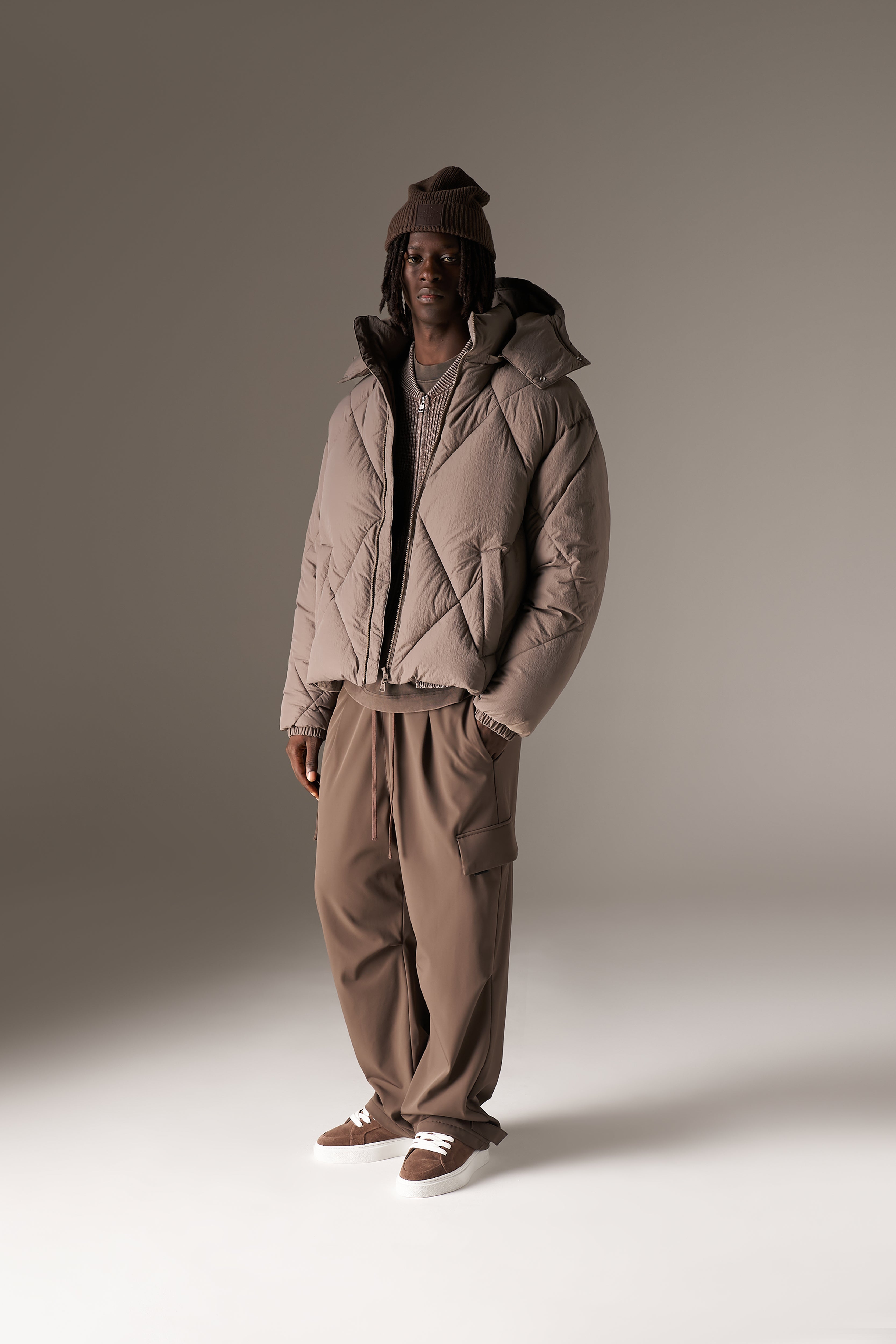 DIAMOND QUILTED PUFFER COAT - CHARCOAL
