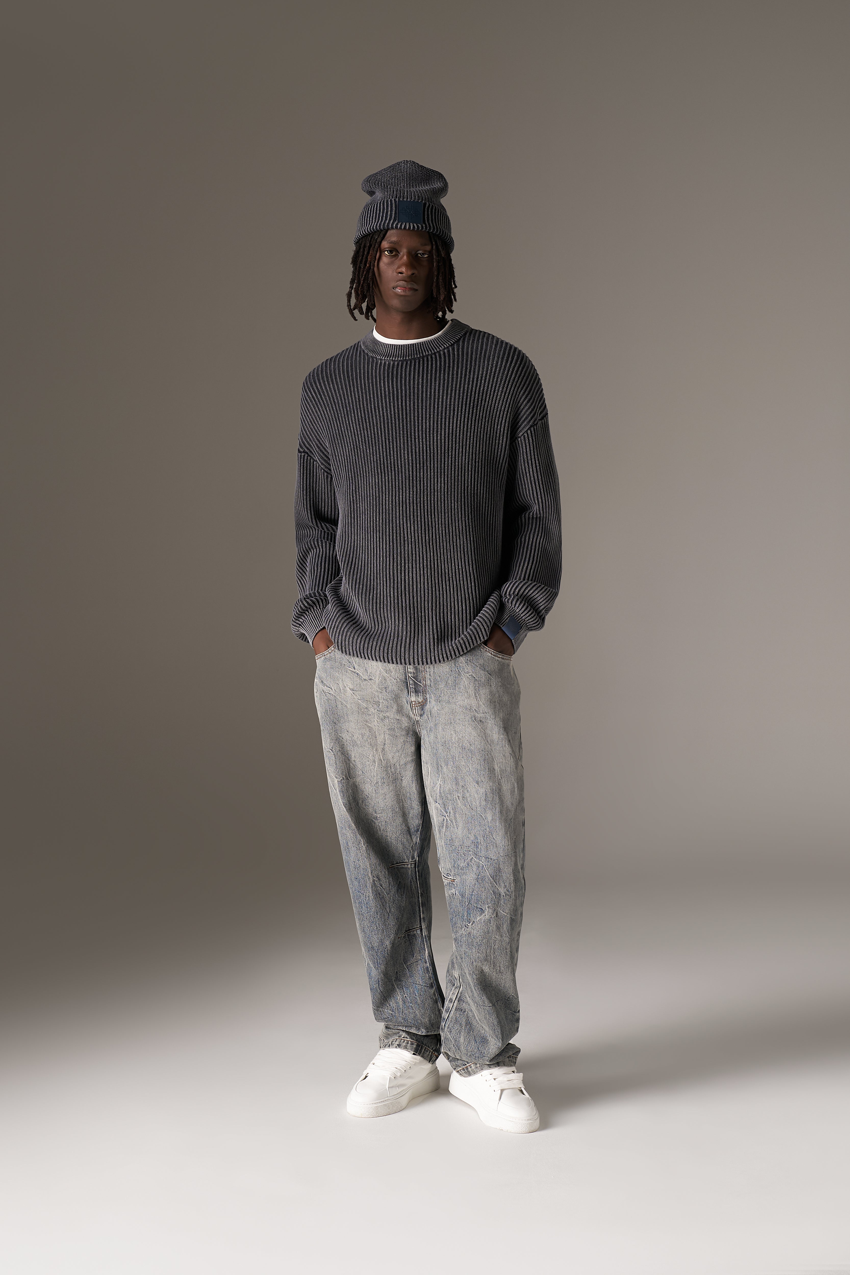 HEAVY WASHED RIBBED KNIT CREW - PETROL