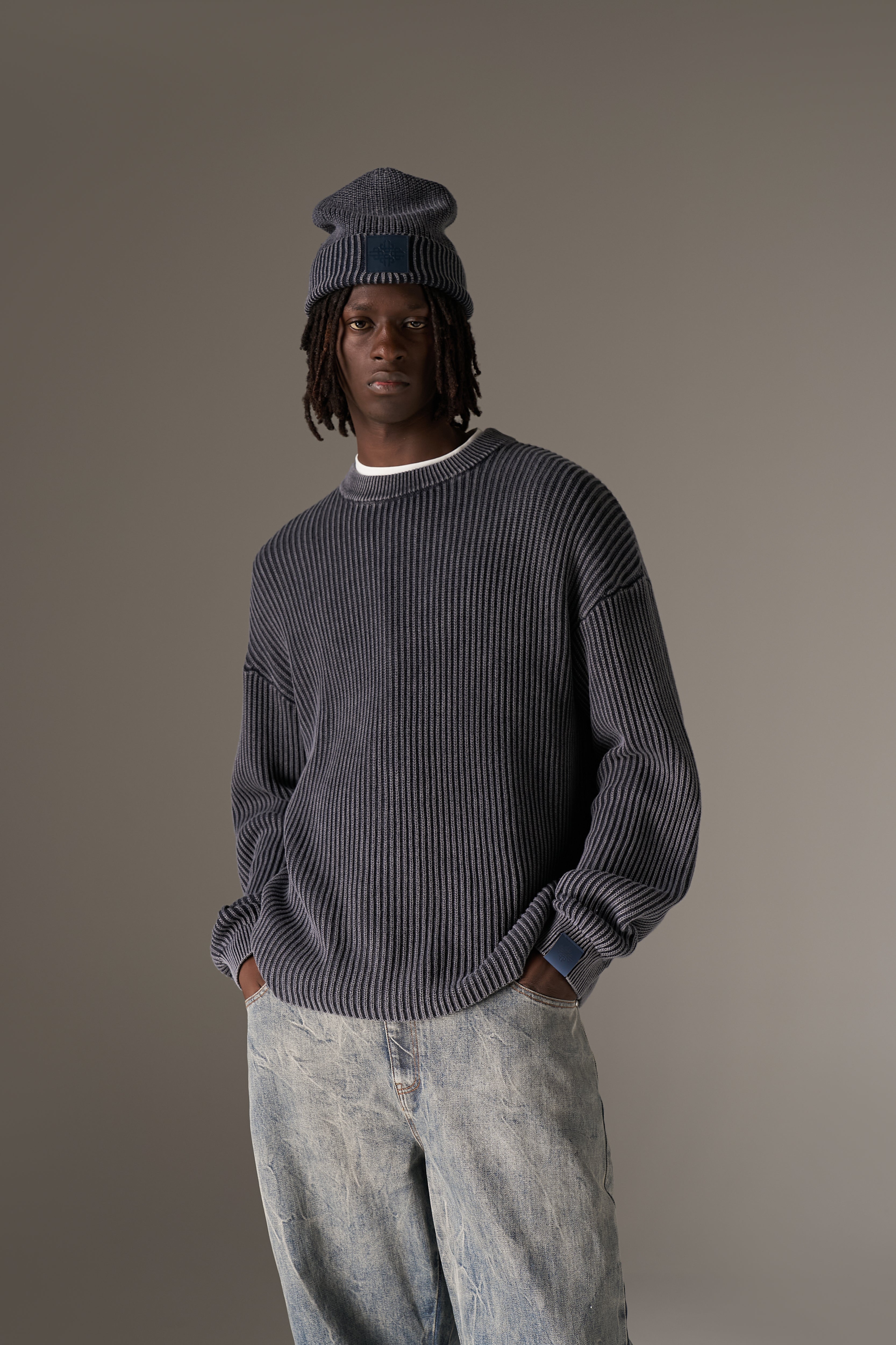 HEAVY WASHED RIBBED KNIT CREW - PETROL