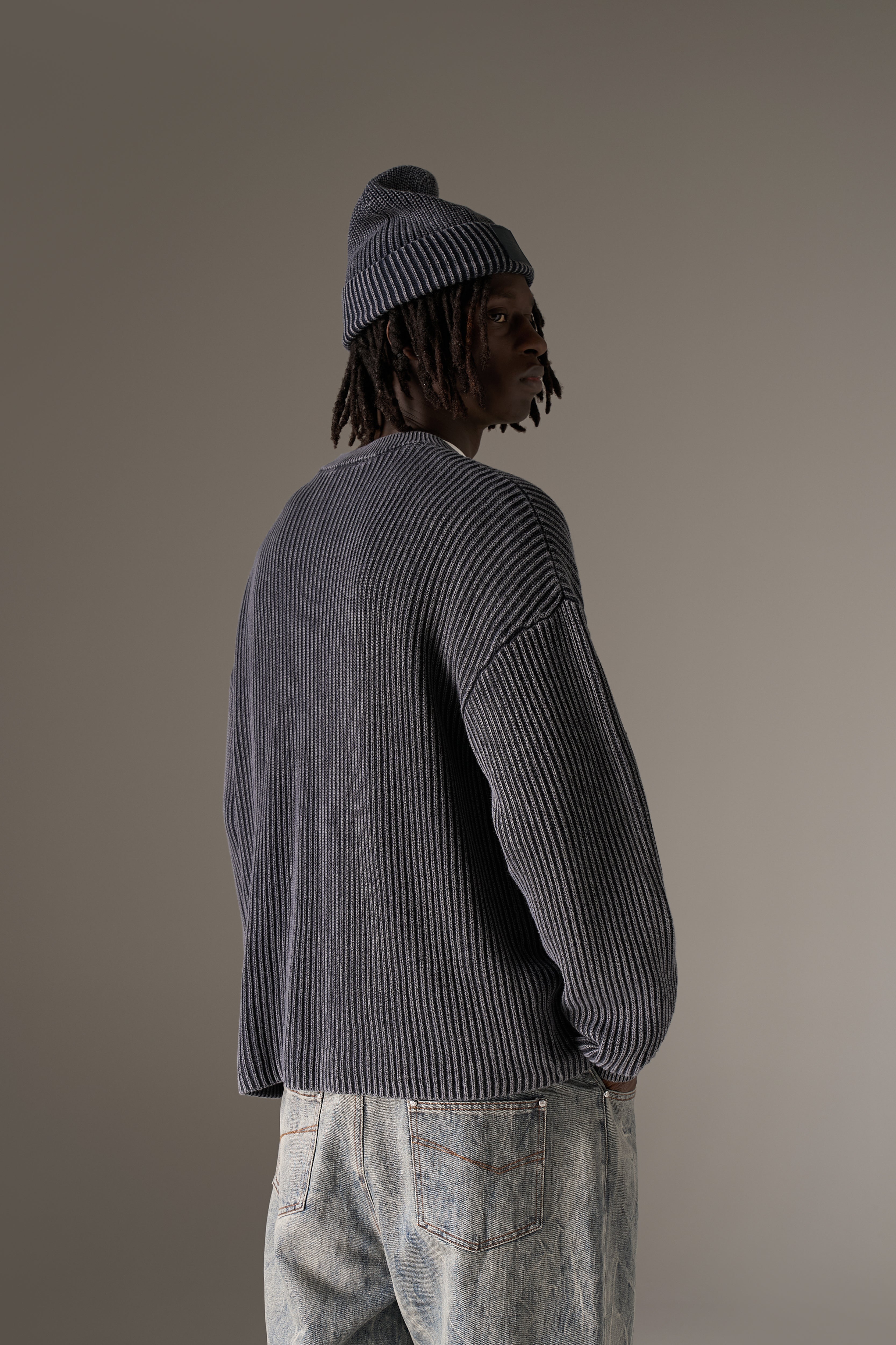 HEAVY WASHED RIBBED KNIT CREW - PETROL