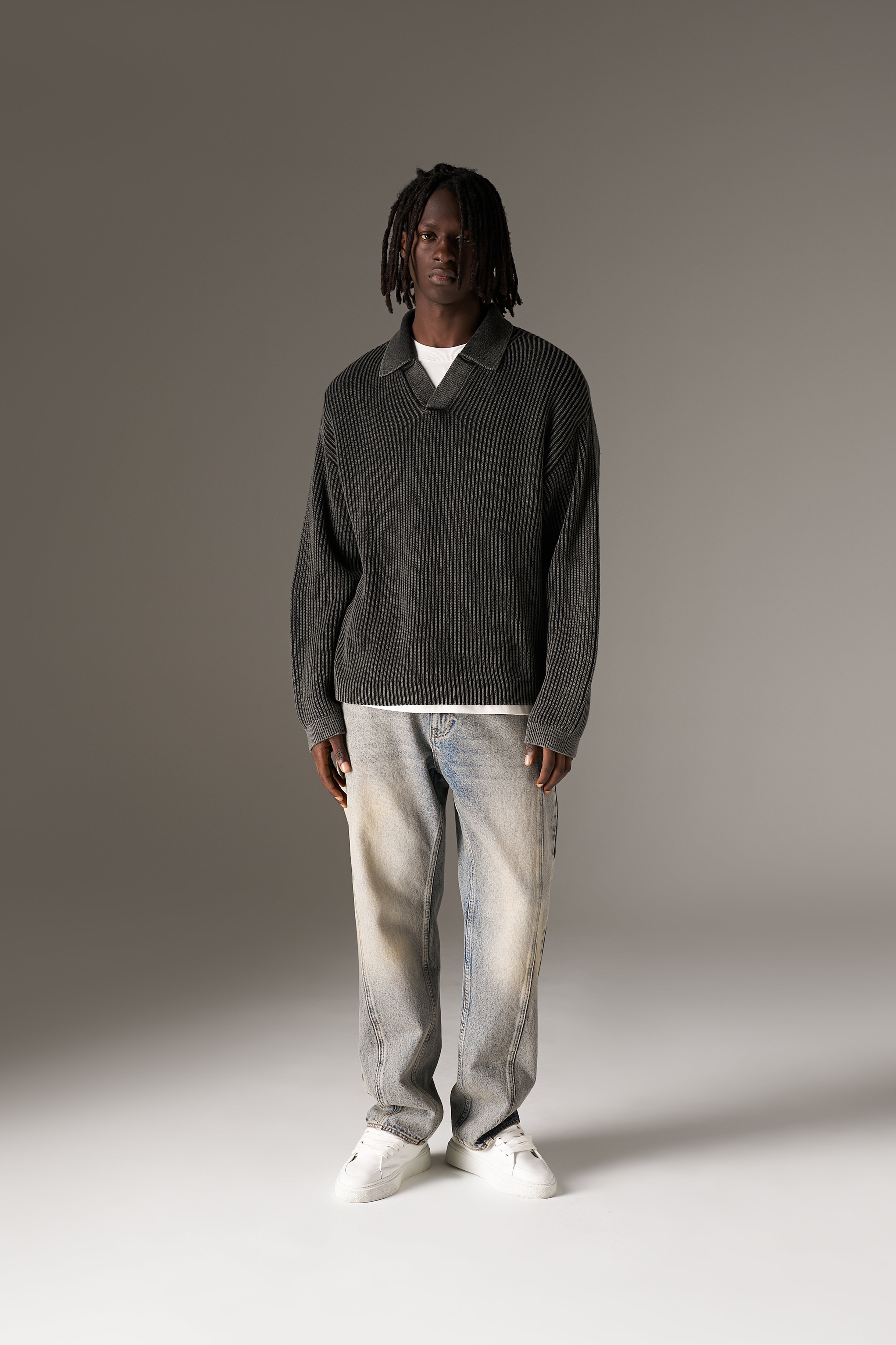 HEAVY WASHED RIB KNIT POLO - BLACK