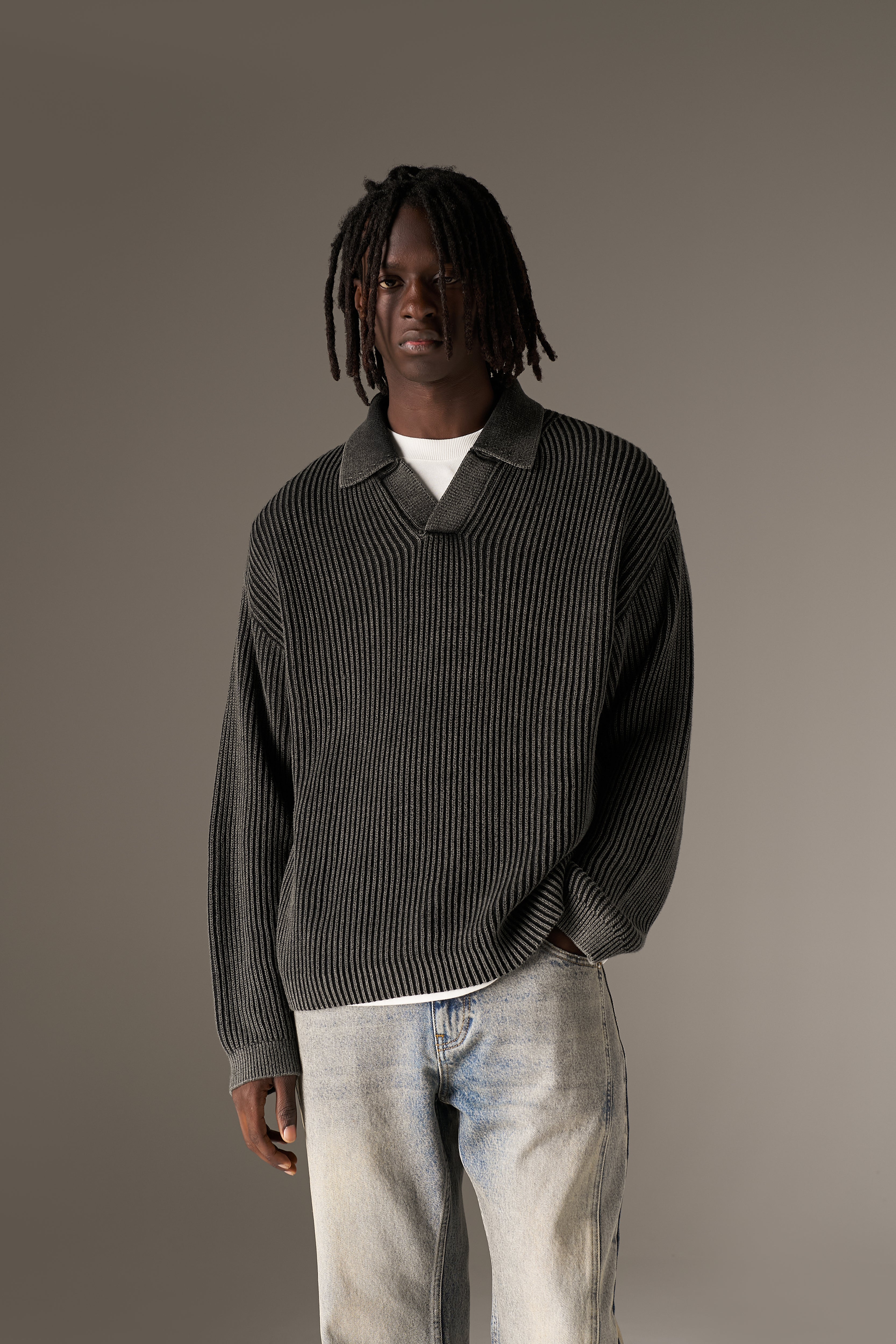 HEAVY WASHED RIB KNIT POLO - BLACK