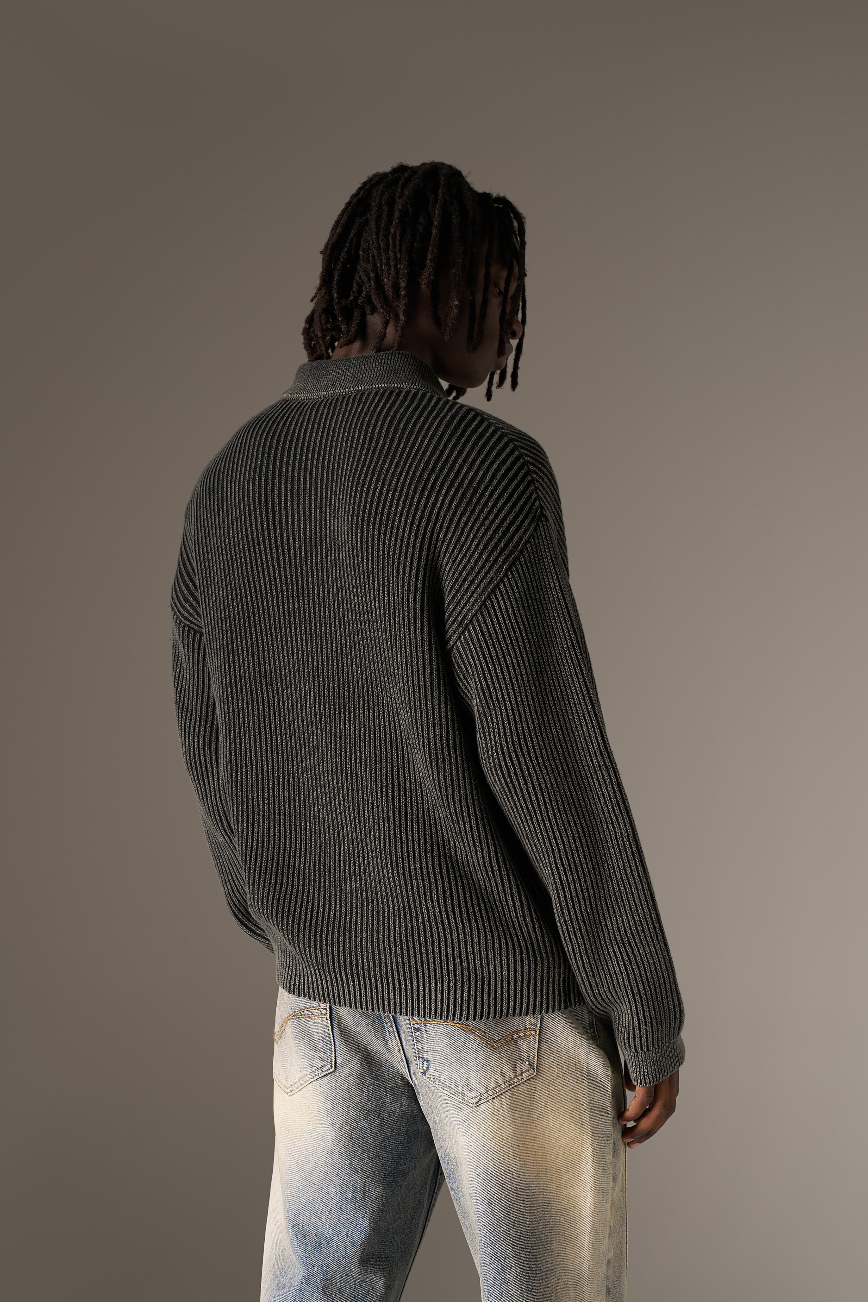 HEAVY WASHED RIB KNIT POLO - BLACK