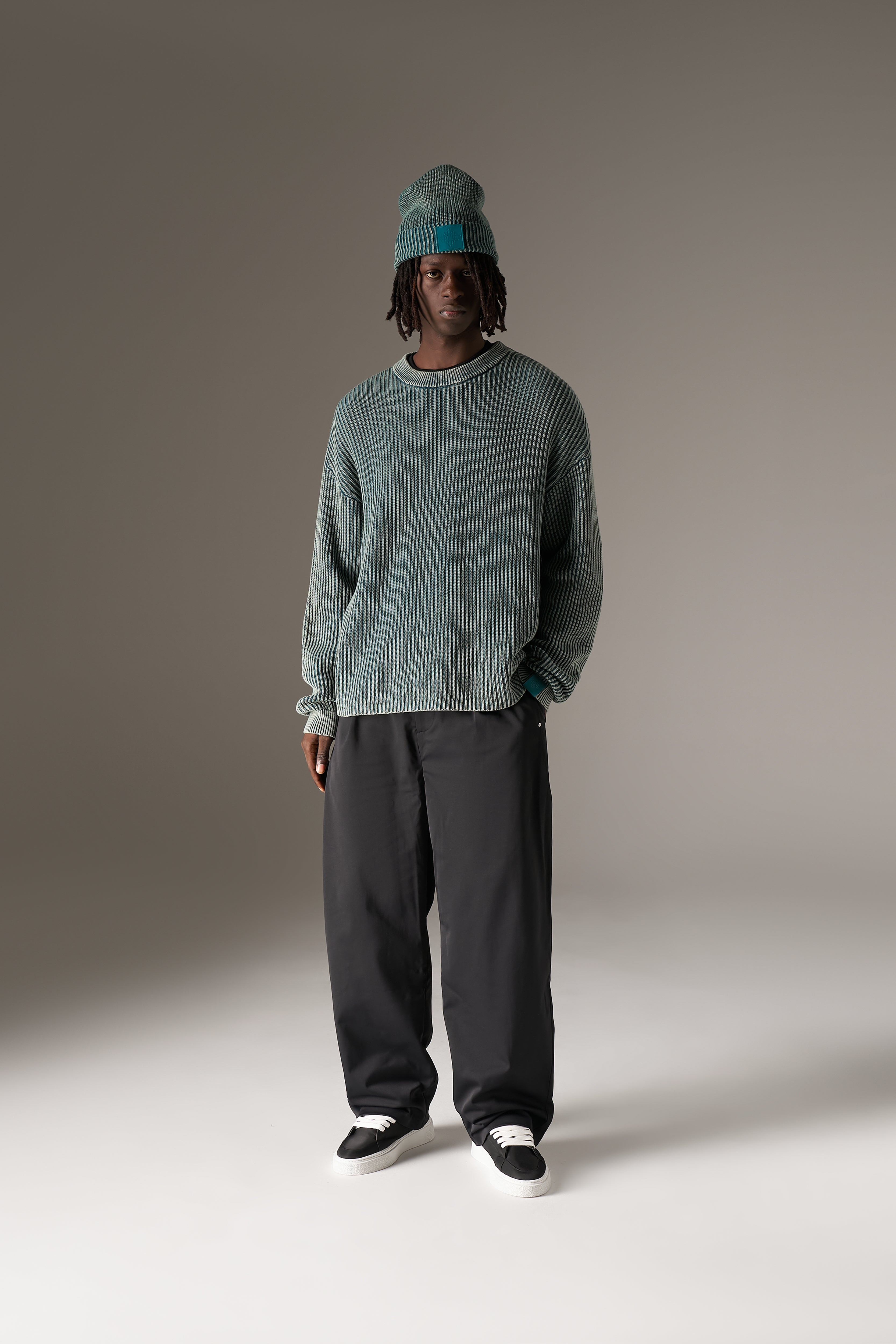 HEAVY WASHED RIBBED KNIT CREW - TEAL