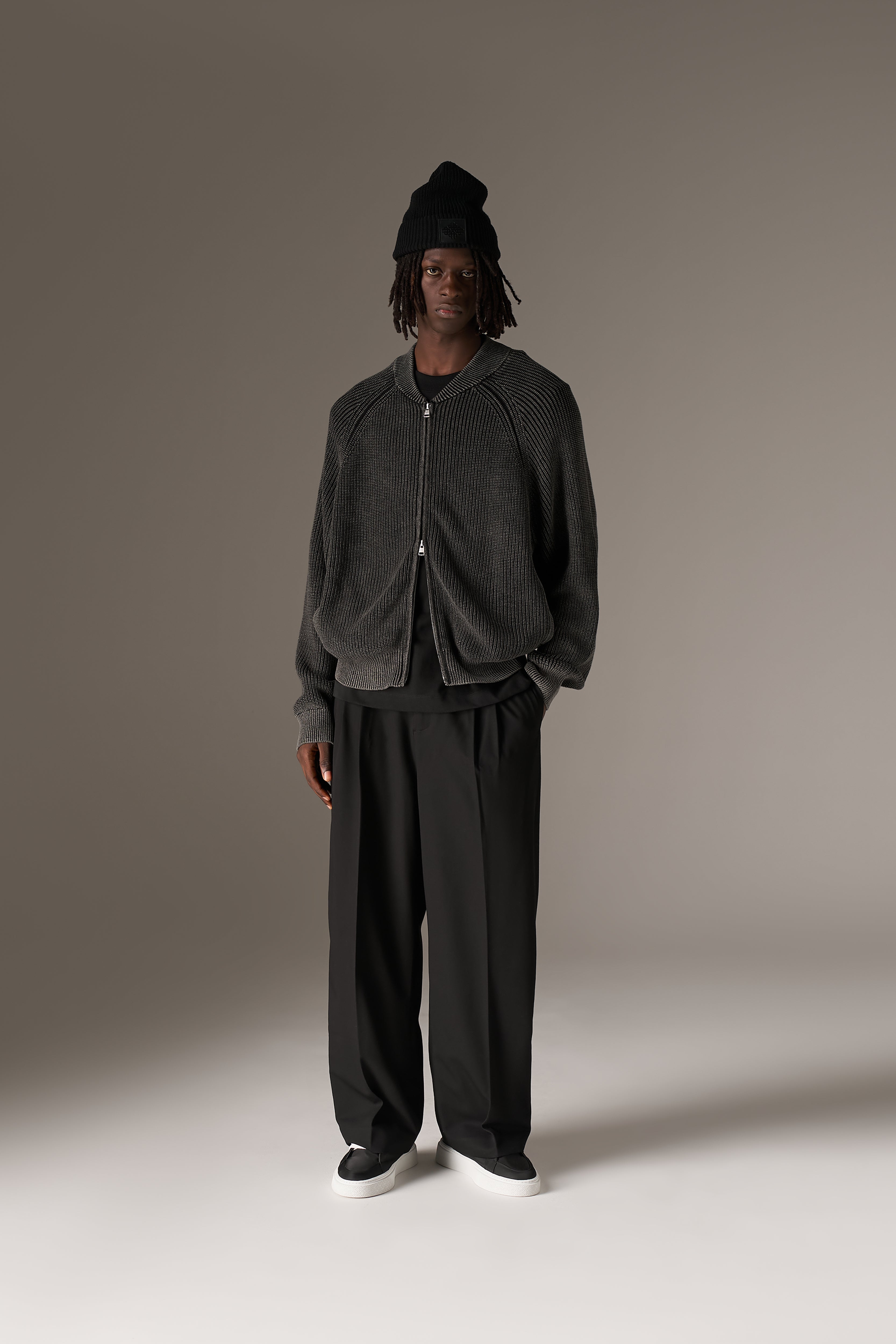 HEAVY WASHED RIB KNIT BOMBER - BLACK