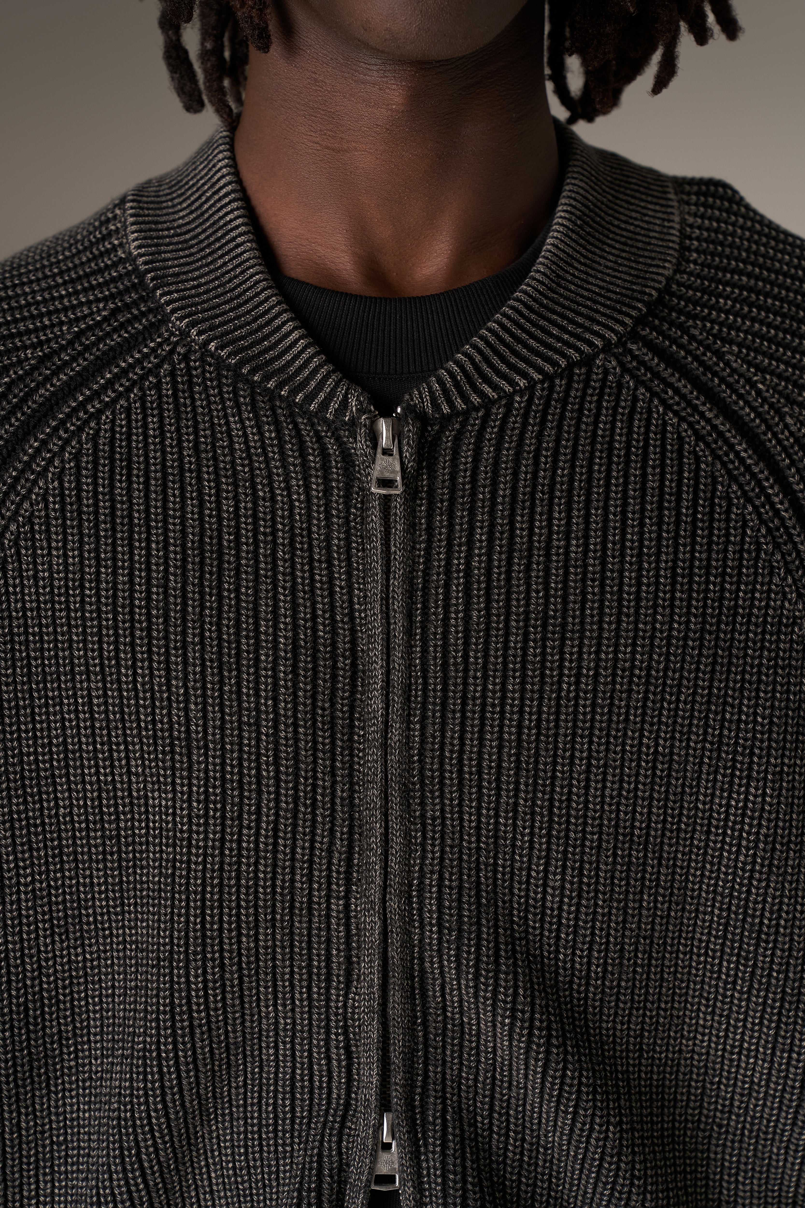 HEAVY WASHED RIB KNIT BOMBER - BLACK