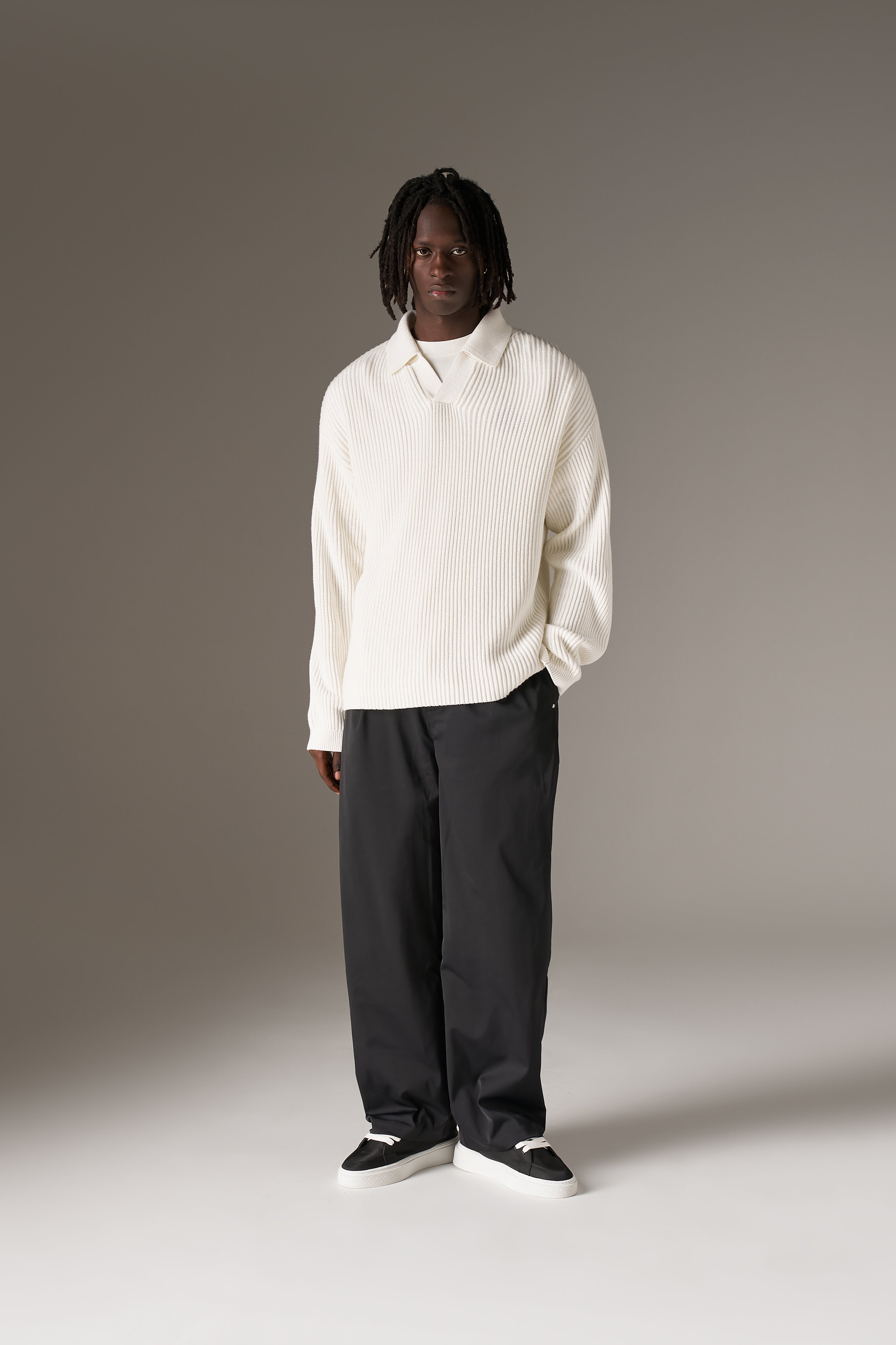 HEAVY WASHED RIB KNIT POLO - OFF WHITE