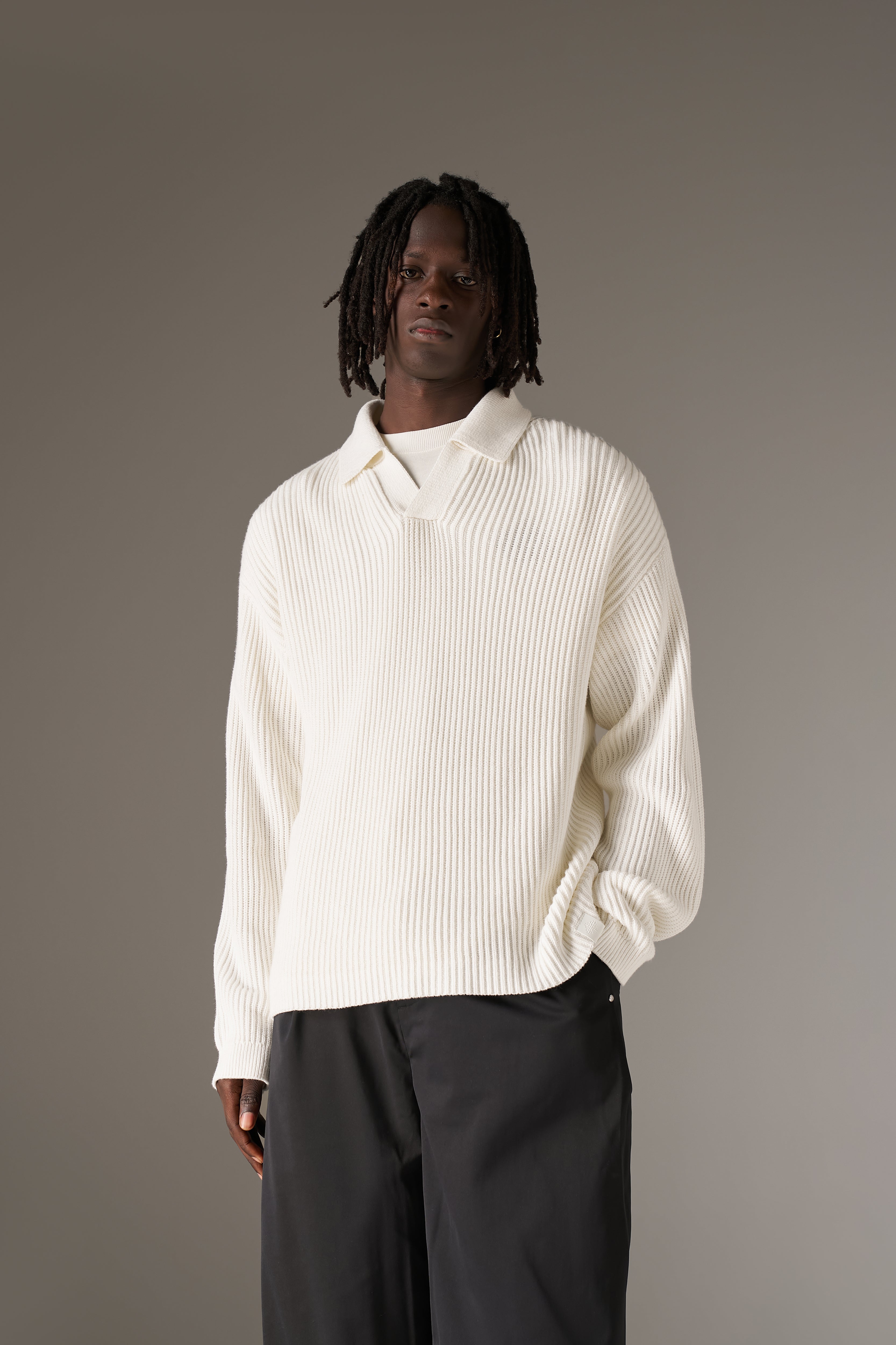 HEAVY WASHED RIB KNIT POLO - OFF WHITE
