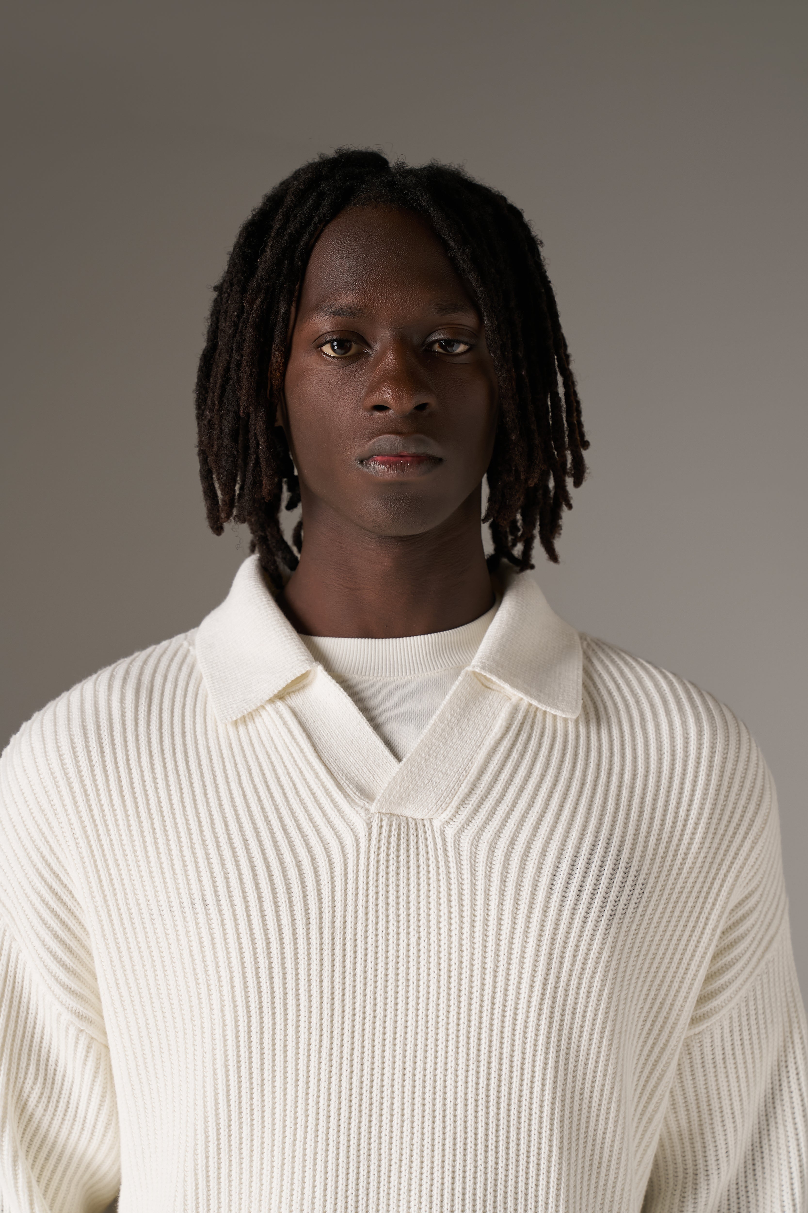 HEAVY WASHED RIB KNIT POLO - OFF WHITE