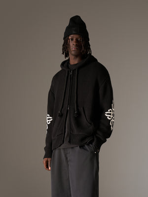 CHUNKY KNIT EMBLEM ZIP THROUGH HOODIE - BLACK
