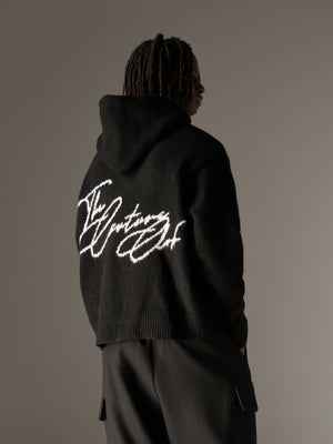 SCRIPT LOGO GRAPHIC KNITTED HOODIE - BLACK