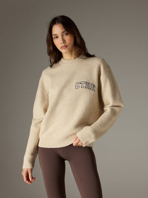 CTRE EMBROIDERED KNIT CREW - BEIGE MARL