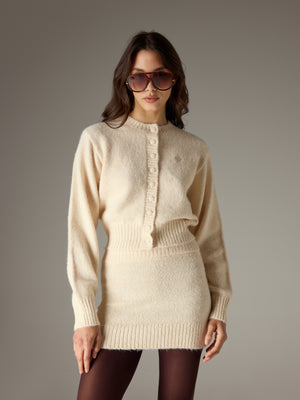 EMBLEM EMBROIDERED KNIT CROP CARDIGAN - BUTTERMILK