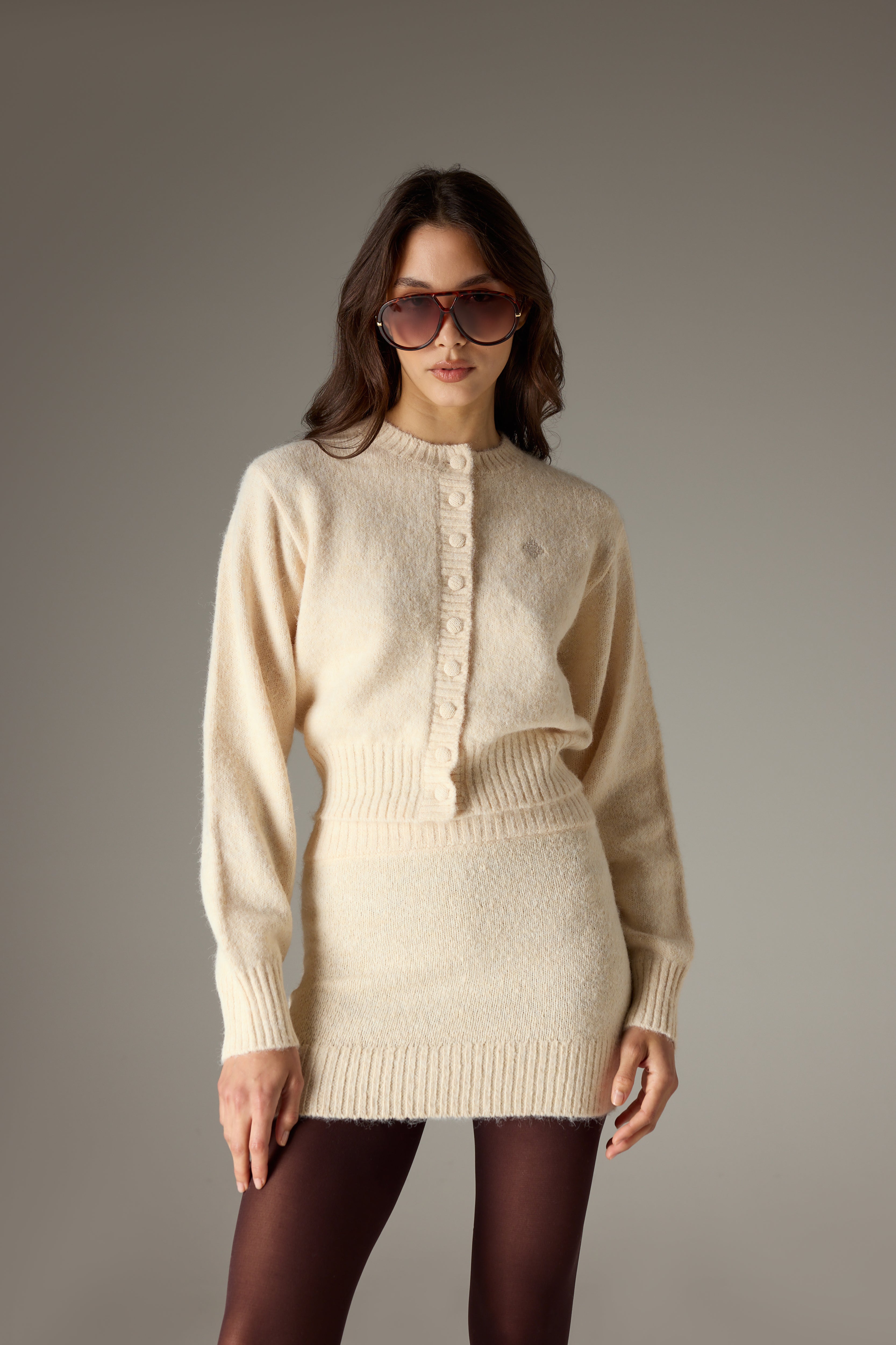 EMBLEM EMBROIDERED KNIT CROP CARDIGAN - BUTTERMILK