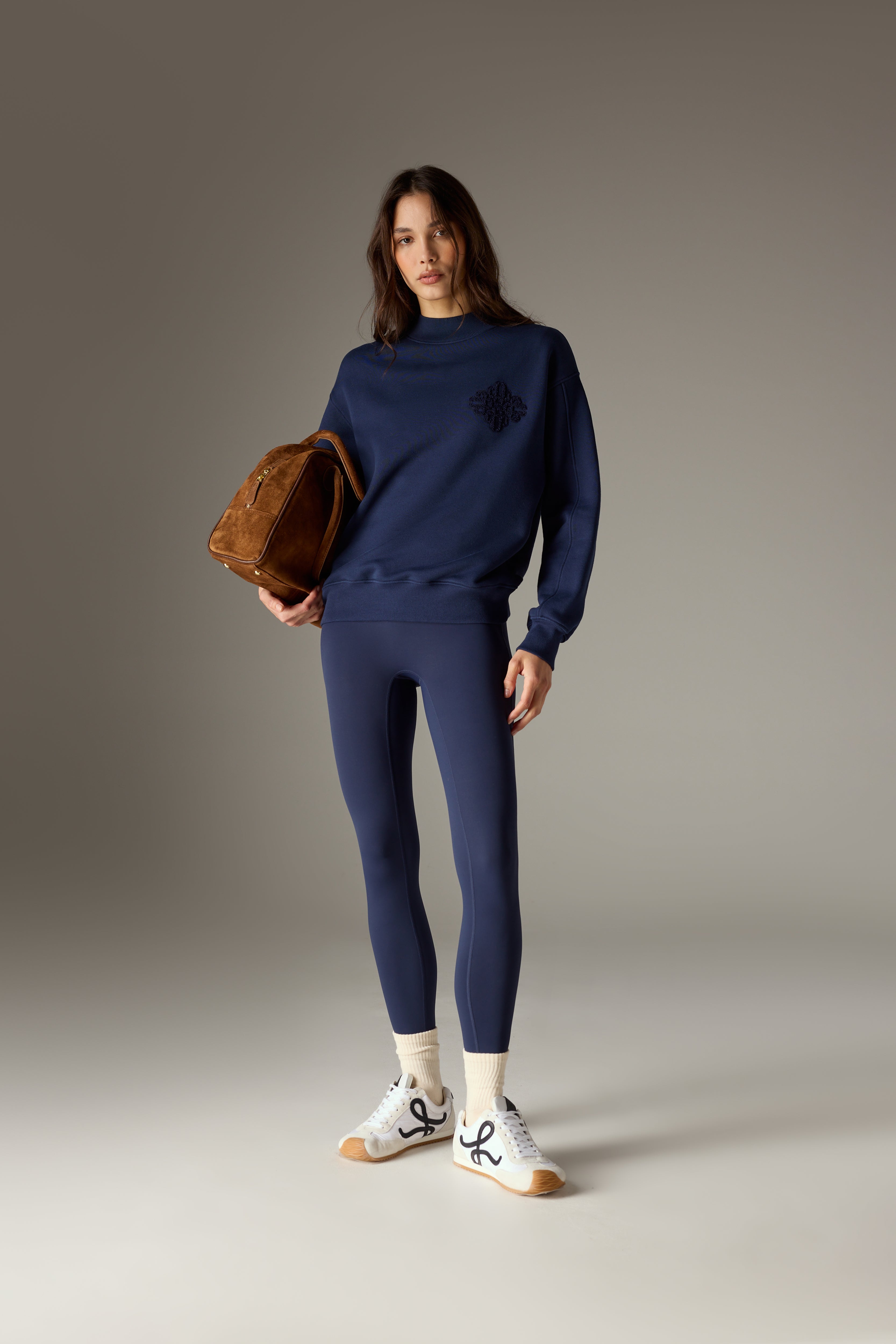 CHENILLE EMBLEM MOCK NECK CREW - DARK NAVY