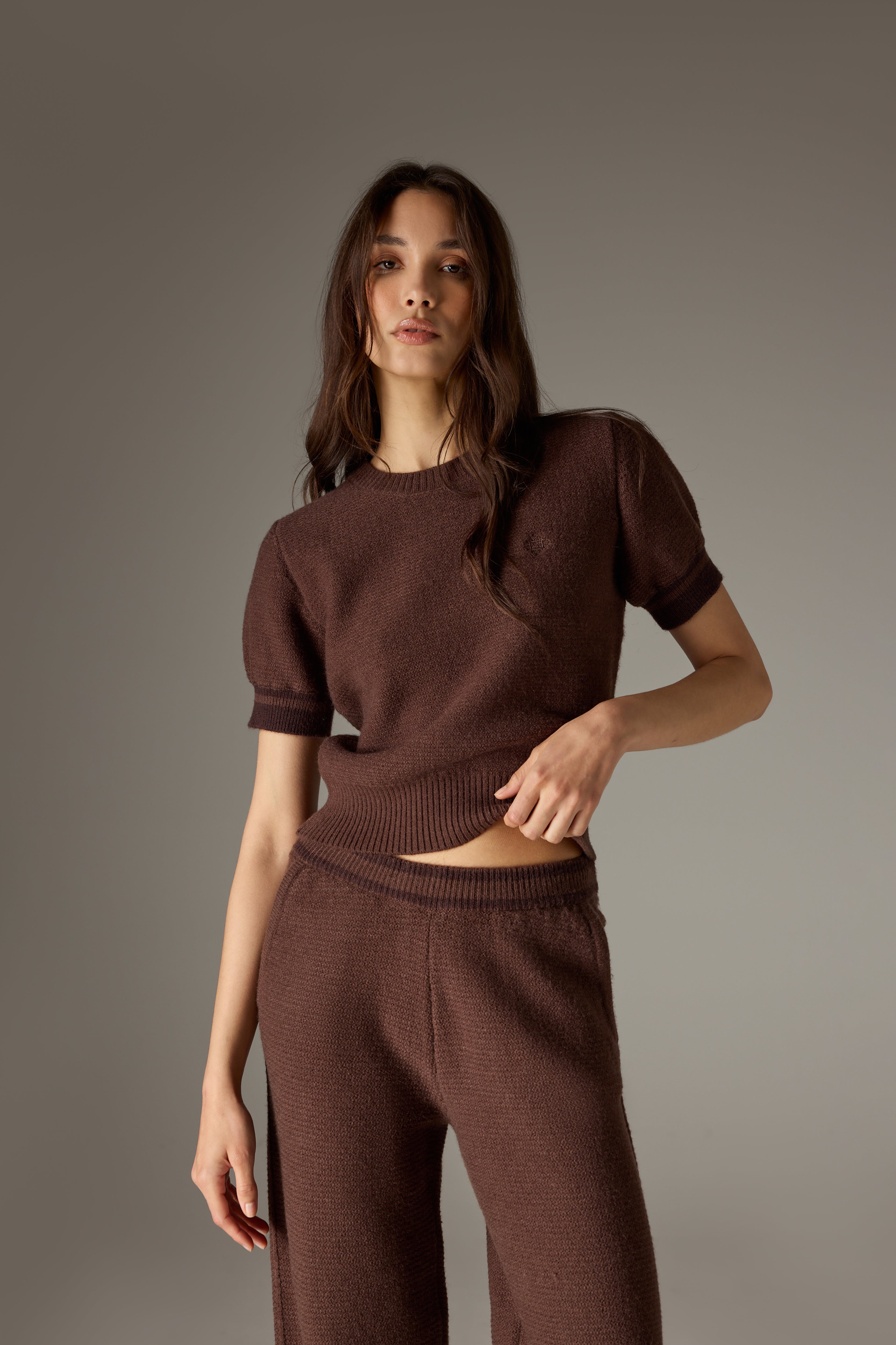 CONTRAST STRIPE SHORT SLEEVE KNIT TEE - CHOCOLATE