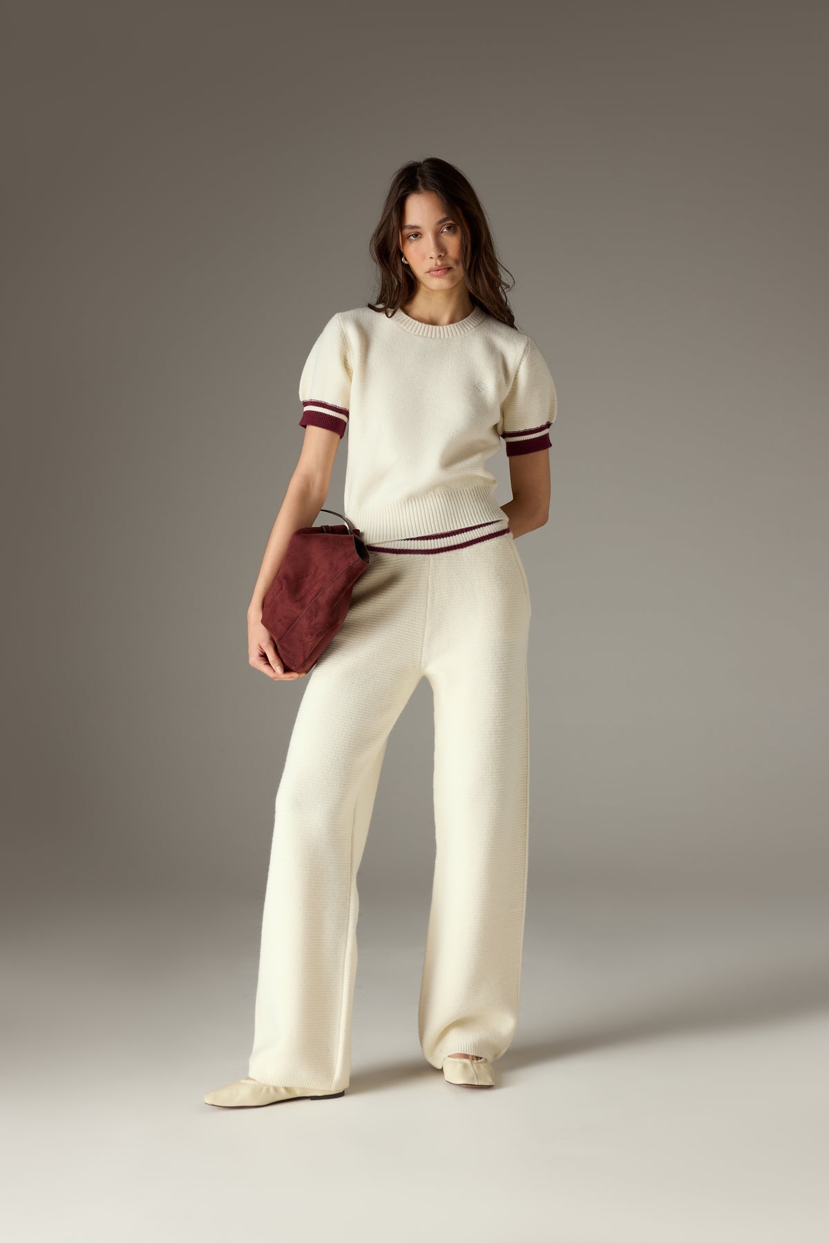 CONTRAST STRIPE SHORT SLEEVE KNIT TEE - OFF WHITE
